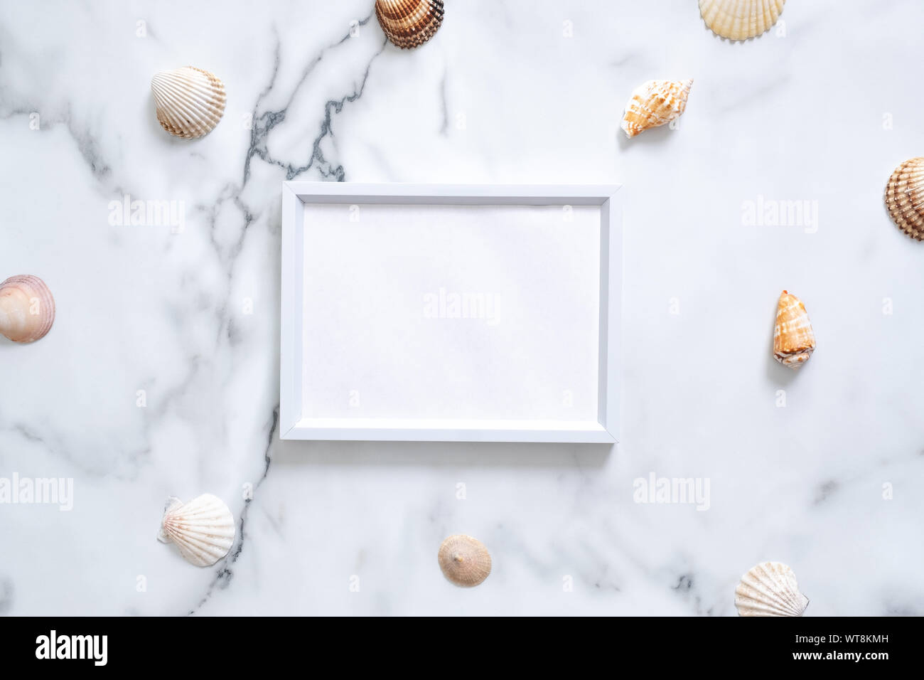 Conchiglie di mare e lo sbozzato picture frame con copia spazio per il testo su sfondo marmo. La vacanza estiva concetto. Appartamento laico, vista dall'alto, overhead. Foto Stock