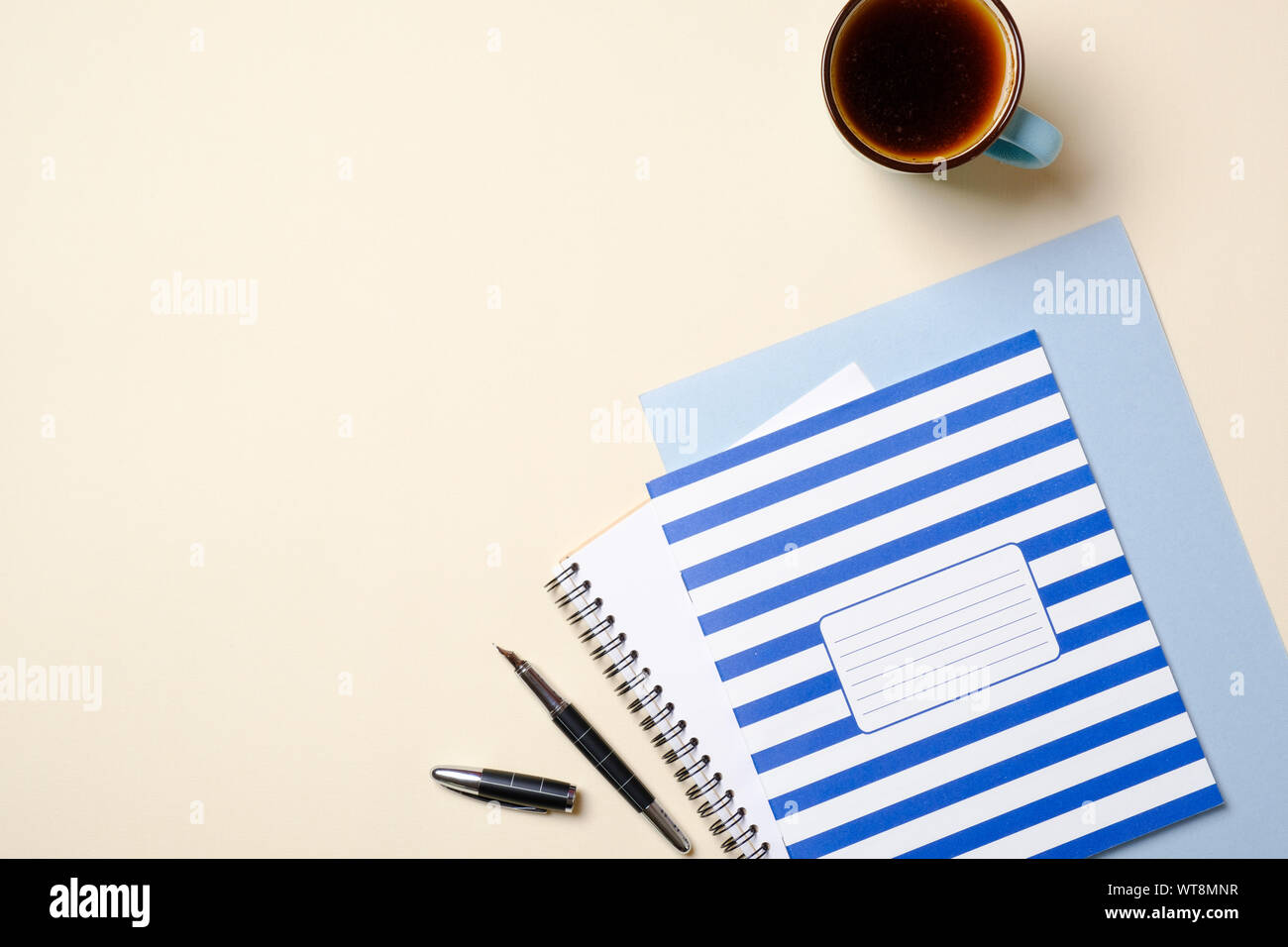 Piatto femmina laici area di lavoro femminile con accessori di moda, carta governata notebook, notepad, tazza di caffè e penna. Vista dall'alto le donne home office desk, beaut Foto Stock