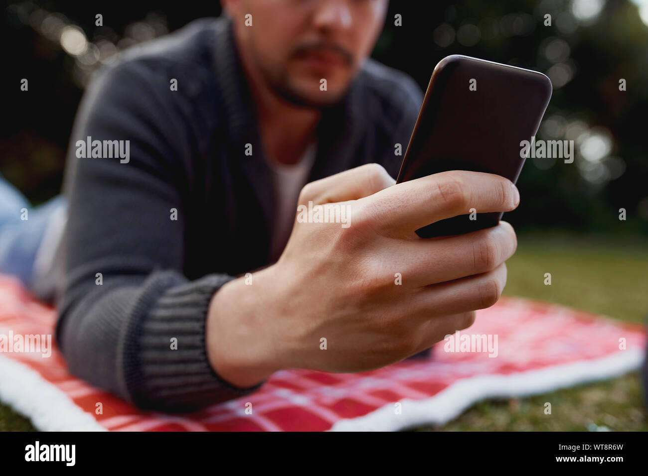 Close-up di uomo ling sulla coperta sopra il prato utilizzando smart phone in posizione di parcheggio Foto Stock