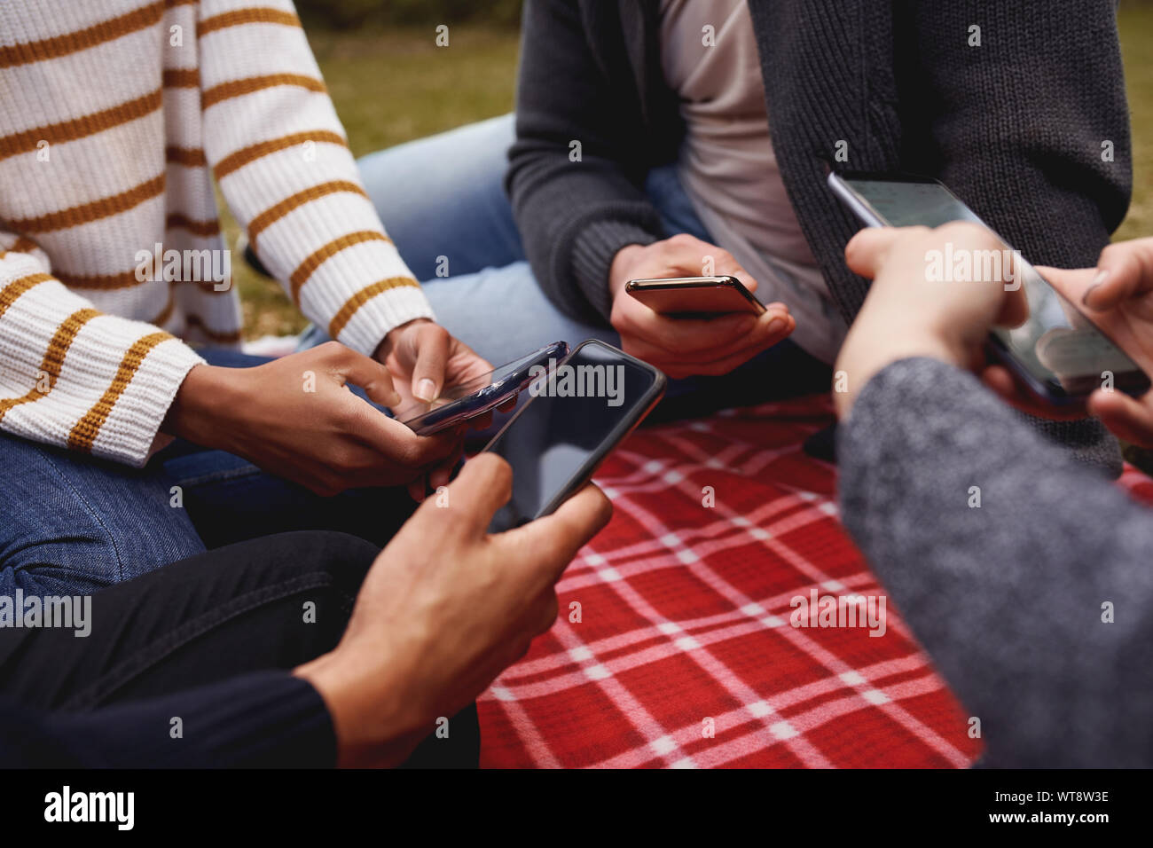 Un gruppo di giovani amici e multirazziale seduti insieme in cerchio sulla coperta utilizzando gli smartphone Foto Stock