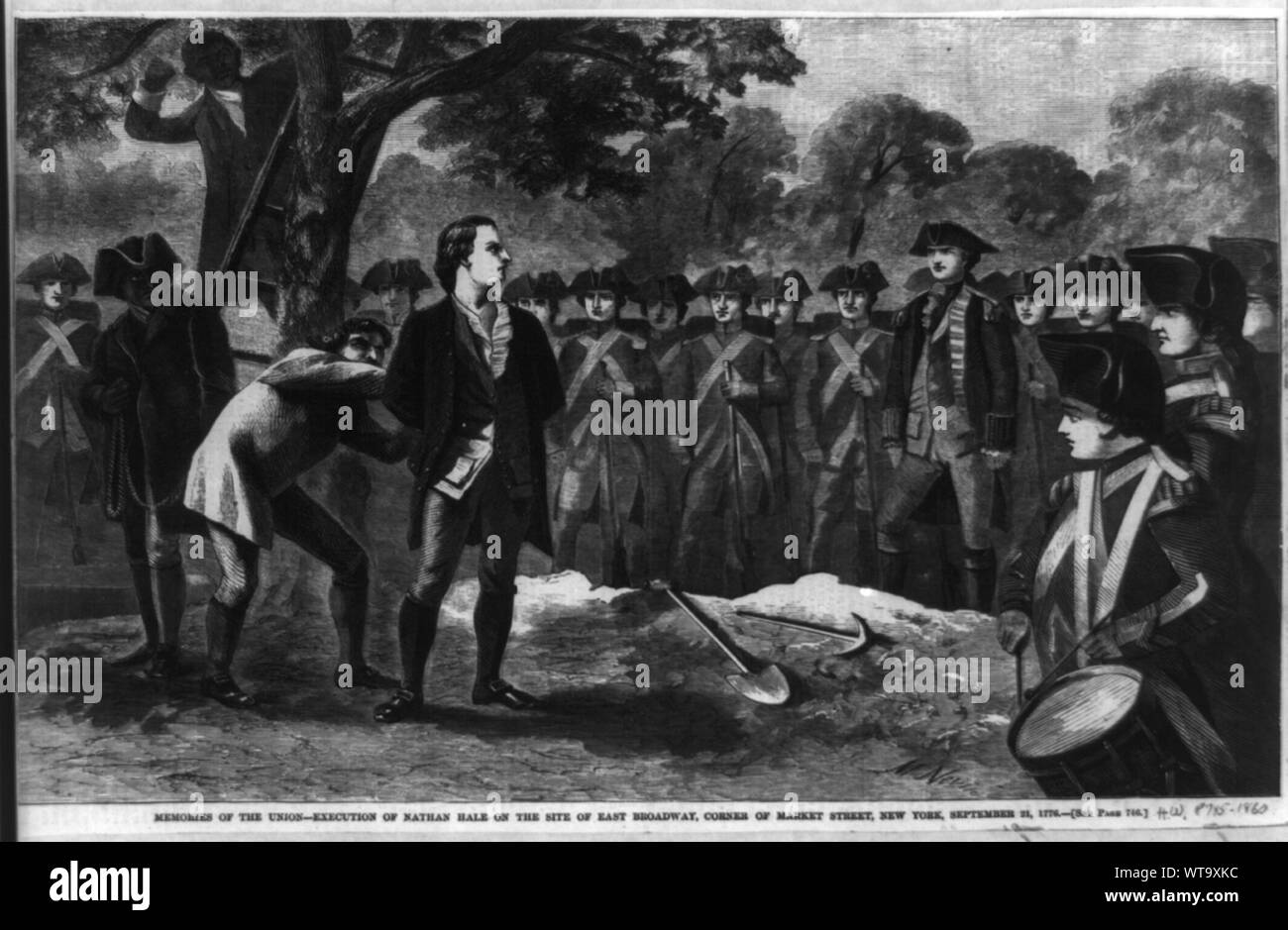 Ricordi dell'Unione - esecuzione di Nathan Hale sul sito di east Broadway, angolo di Market Street, New York, settembre 21, 1776 / M. Nevin. Foto Stock