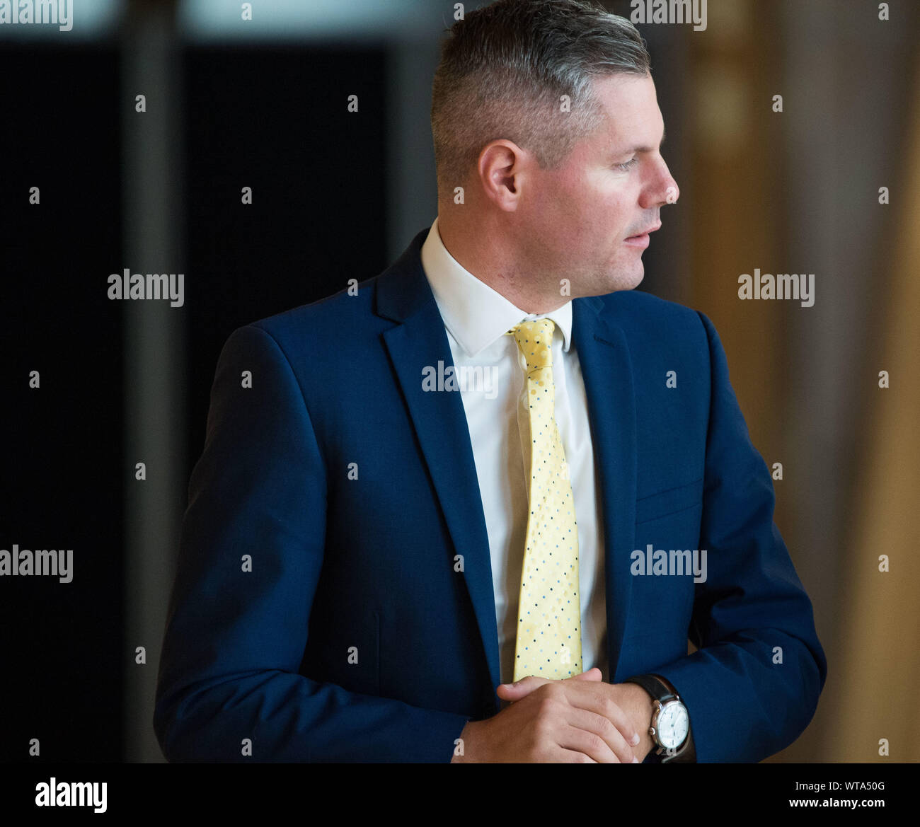Edinburgh, Regno Unito. Il 5 settembre 2019. Nella foto: Derek Mackay MSP - segretario delle finanze. Scene da Holyrood prima di Primi Ministri questioni ritorna alla camera dopo la pausa estiva. Colin Fisher/CDFIMAGES.COM Foto Stock