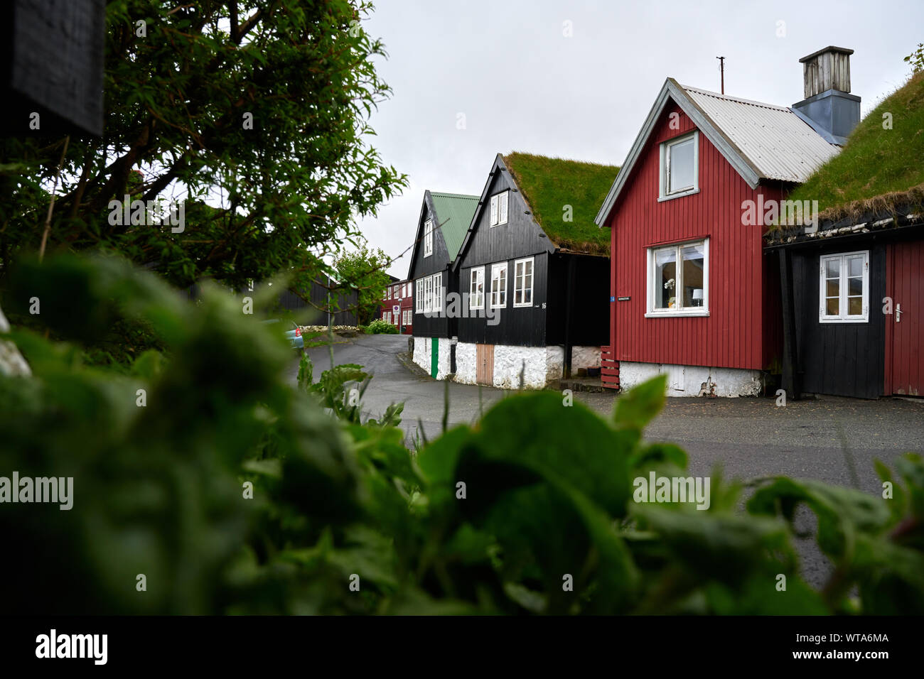 Nero e rosso in legno case rurali con camini e tetti erbosi da strada asfaltata e cespugli verdi sulle Isole Faerøer Foto Stock