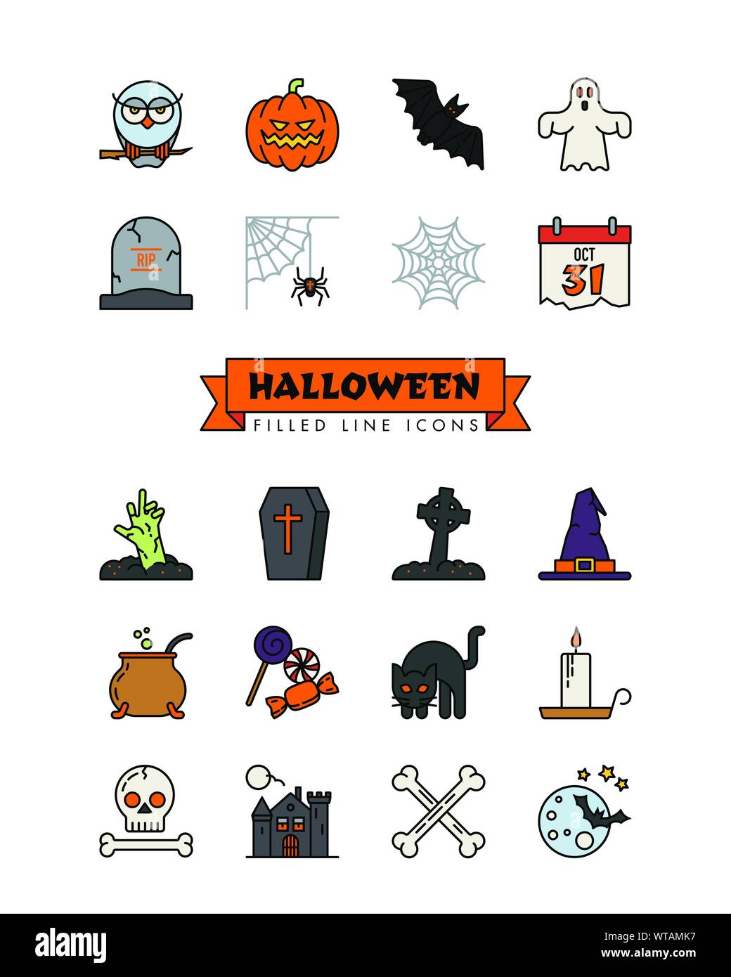 Simboli di Halloween icona linea collezione. Set di 20 vettore spooky elementi di design in pieno stile contorno. Illustrazione Vettoriale