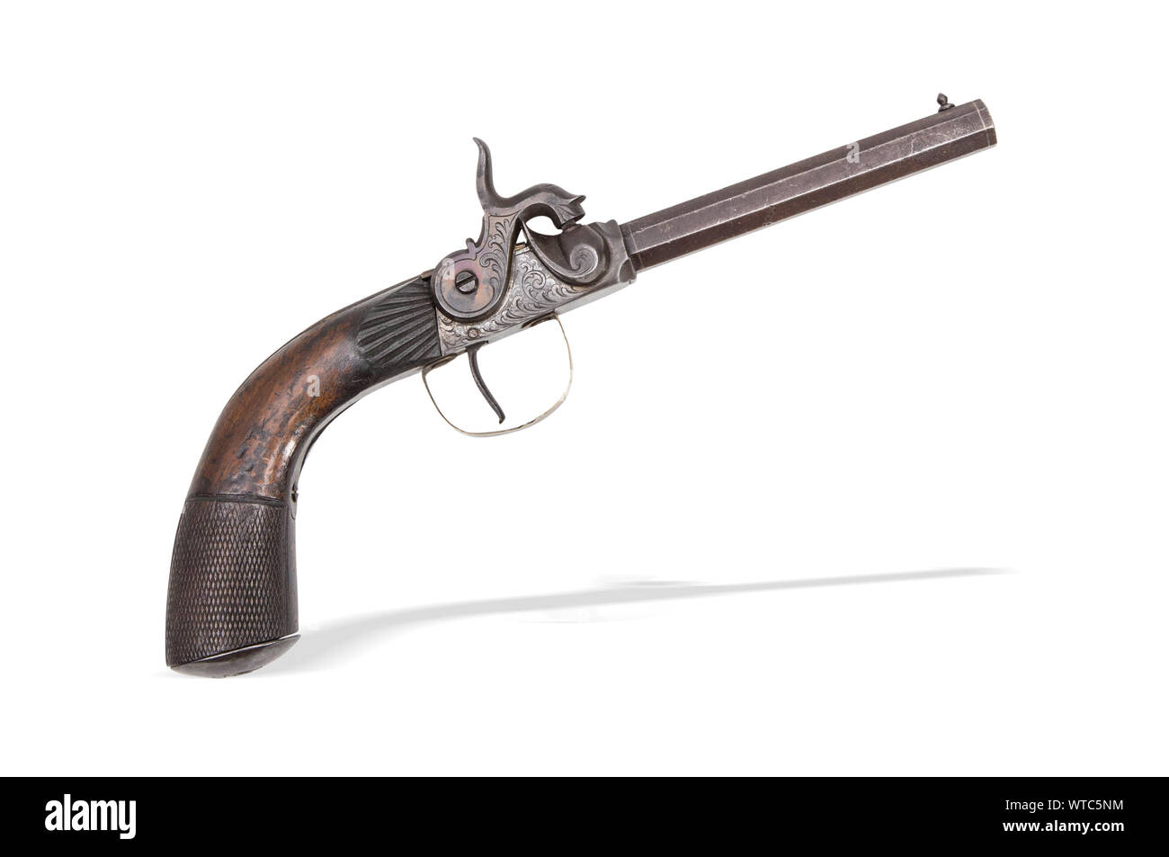 Continental percussioni target/dueling pistola del XIX secolo, 36 calibro a colpo singolo, con canna ottagonale, semi-rifornito in fruitwood con checkere Foto Stock