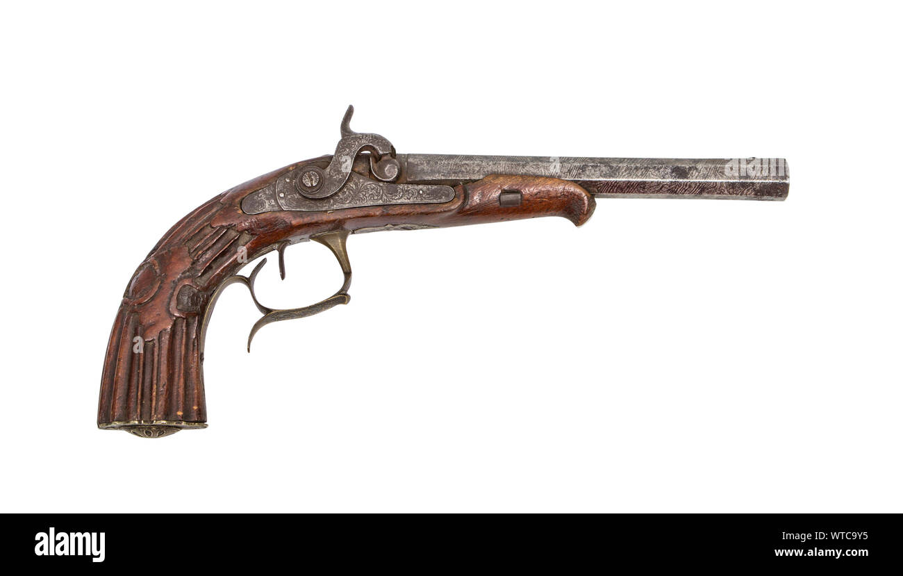 Tedesco pistola a percussione con insoliti supporti di metallo decorato con niello lavoro. Serratura a percussione è in ordine, decorata con motivi floreali incisi des Foto Stock