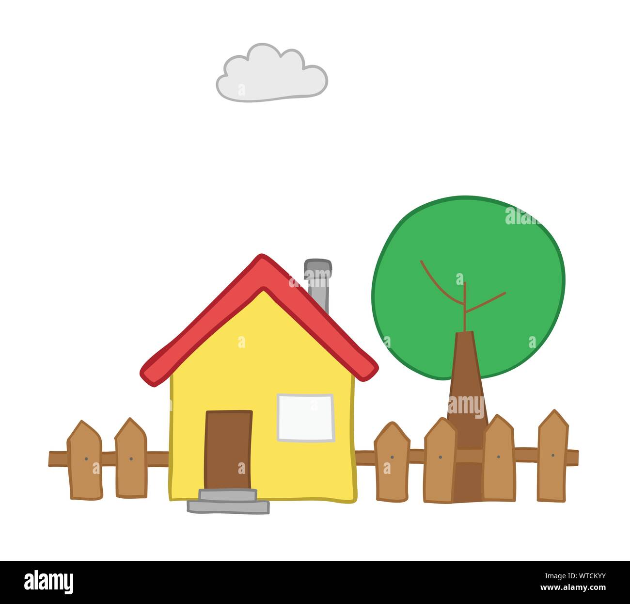 Illustrazione Vettoriale casa con giardino e l'albero. Disegnato a mano. Contorni colorati. Illustrazione Vettoriale
