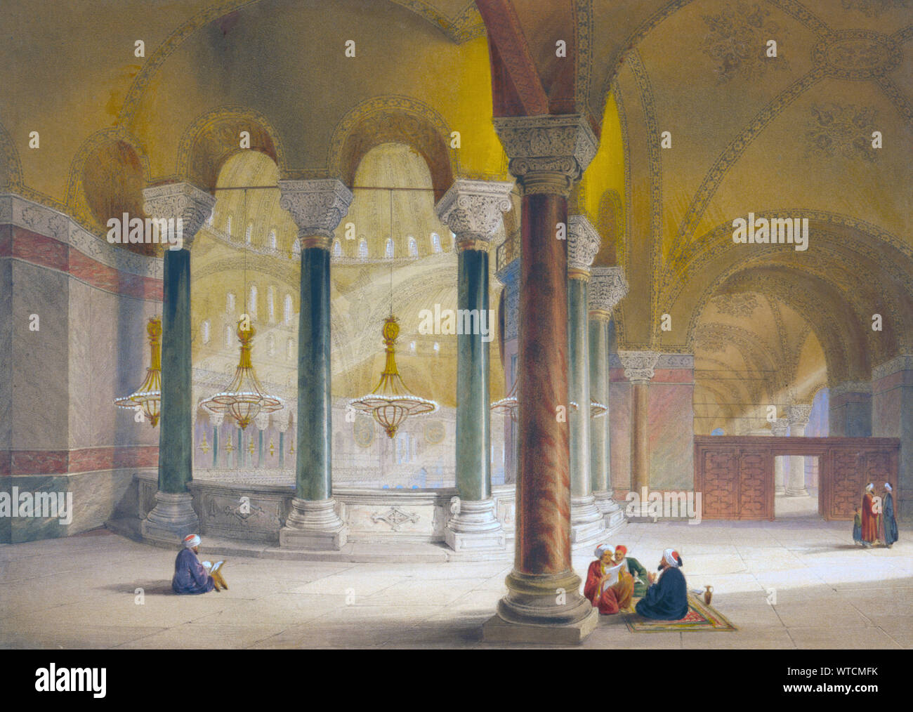 Interno del gineceo del Ayasofya moschea, originariamente la chiesa di Hagia Sophia; con gruppi di uomini in abito tradizionale. Foto Stock