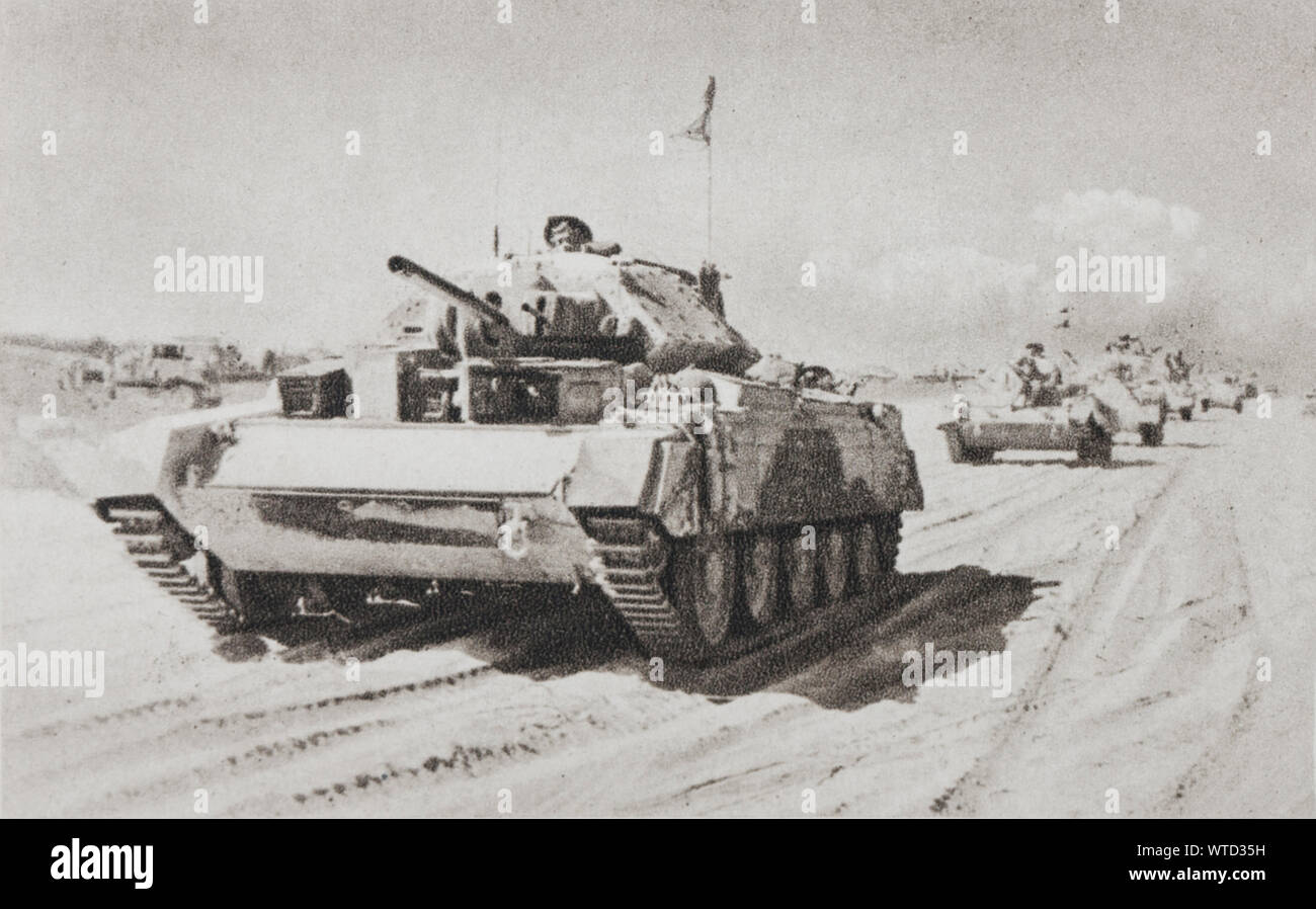 Il periodo della seconda guerra mondiale, Egitto. La superiorità del materiale di miscele è evidente. Carri armati dell'Esercito britannico stanno spingendo un pin di riconoscimento. Foto Stock