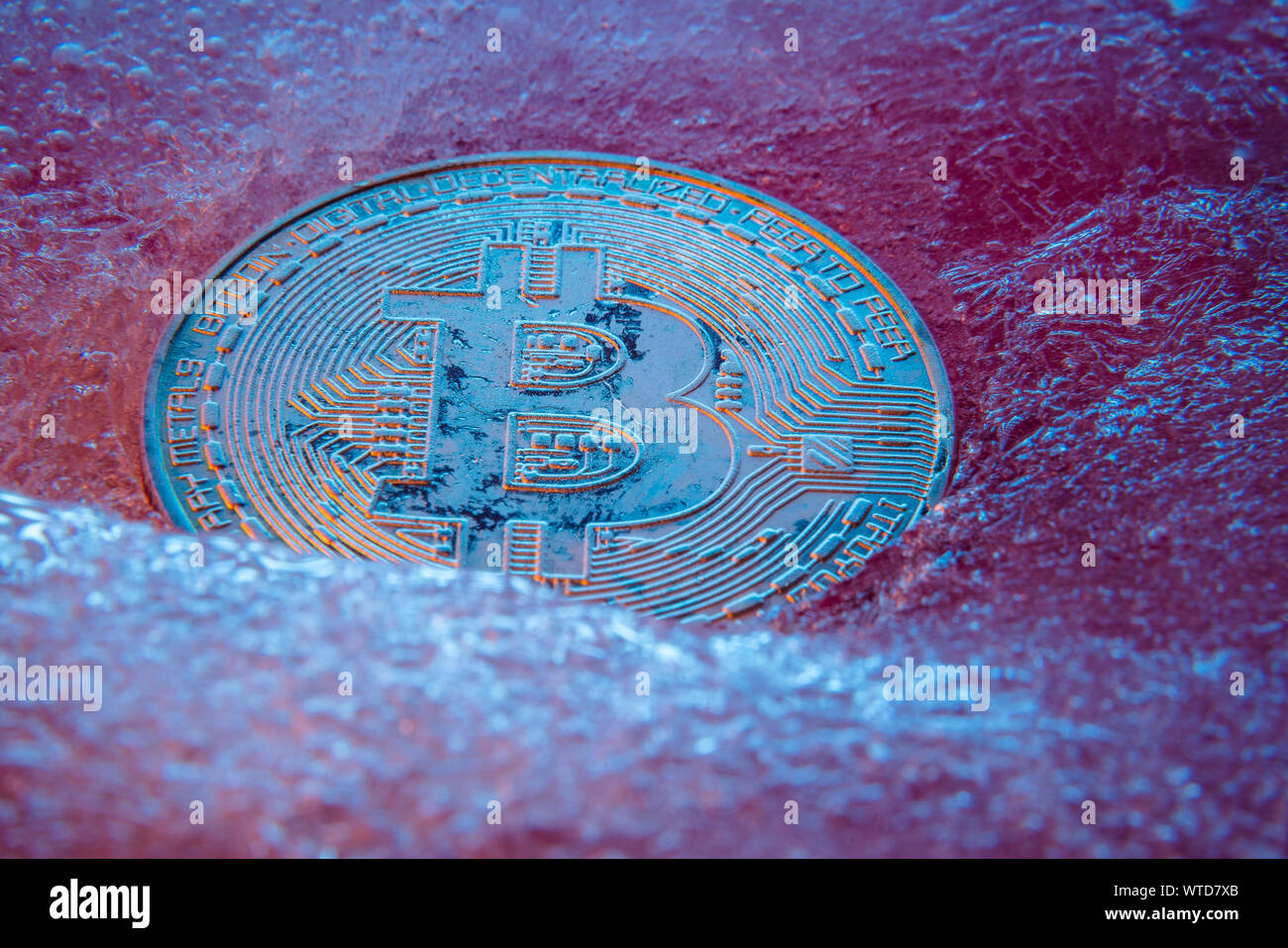 Argento Bitcoin, bit moneta online moneta digitale congelati nel blu ghiaccio. Concetto di catena di blocco, crypto crash del mercato. Congelati crypto denaro, depreciatio Foto Stock