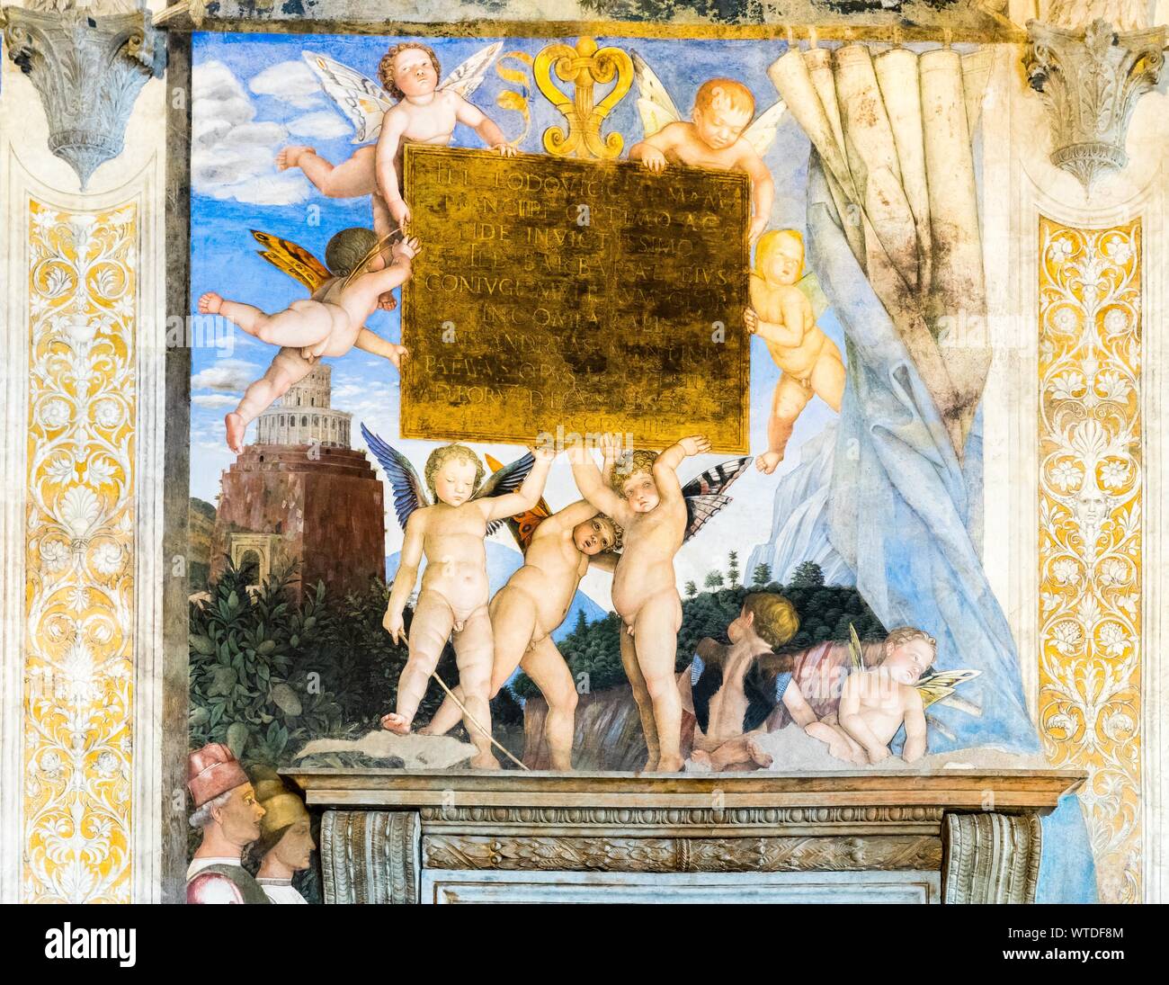 Putti recano una dedizione, affresco di Andrea Mantegna, 1465-1474, Rinascimento, Camera degli Sposi, il Castello di San Giorgio in Palazzo Ducale, Mantova Foto Stock