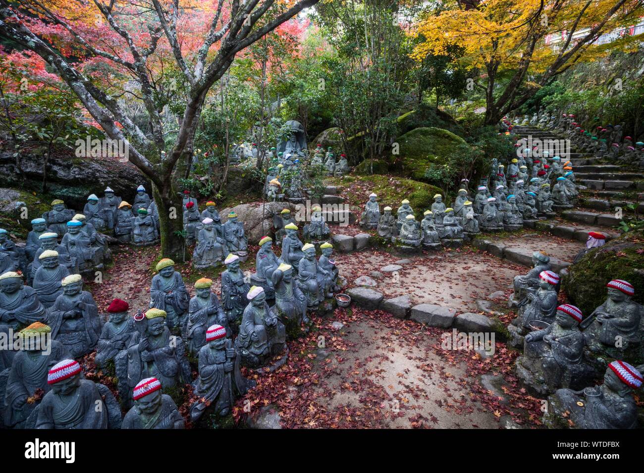 500 statue di Buddha sotto le foglie di autunno, Daisho-nel complesso tempio, Miyajima, Giappone Foto Stock