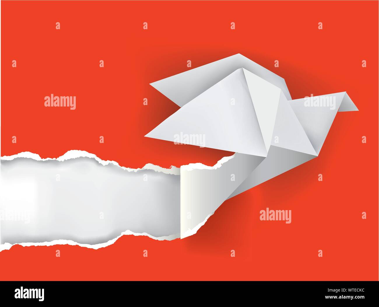 Origami bird carta di ripping. Immagine della carta pigeon ripping carta rossa sullo sfondo. Luogo ideale per il tuo testo o immagine. Vettore disponibile. Illustrazione Vettoriale