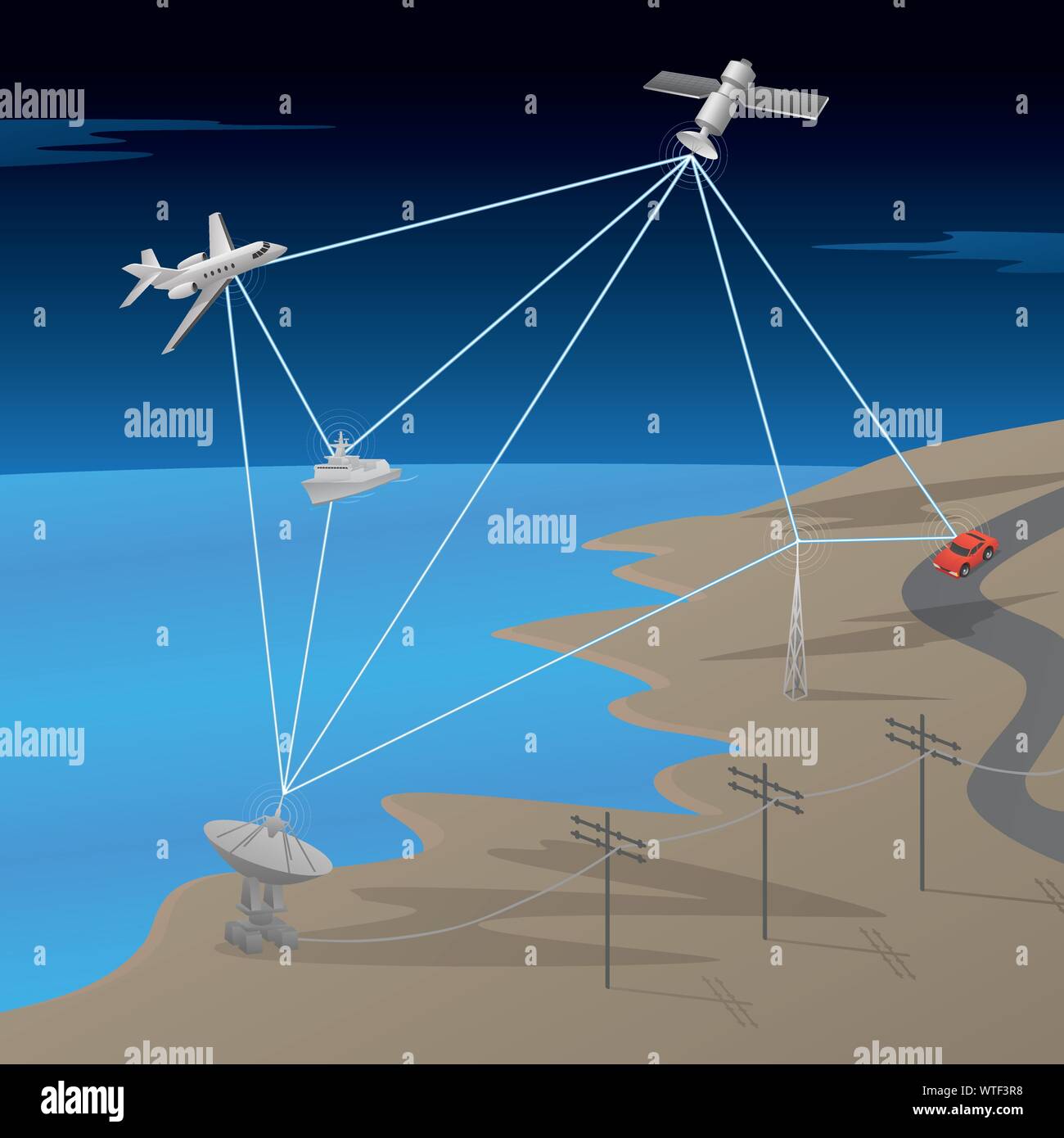 GPS via satellite di comunicazione di rete in scena con aerei, navi, Massa antenna, e auto, illustrazione vettoriale Illustrazione Vettoriale