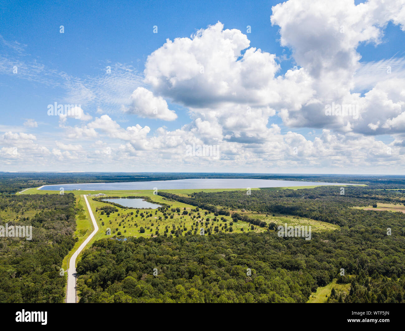 Veduta aerea del lago artificiale regionale C.W. Bill Young, circondato da campi aperti e habitat forestale in Florida. Foto Stock