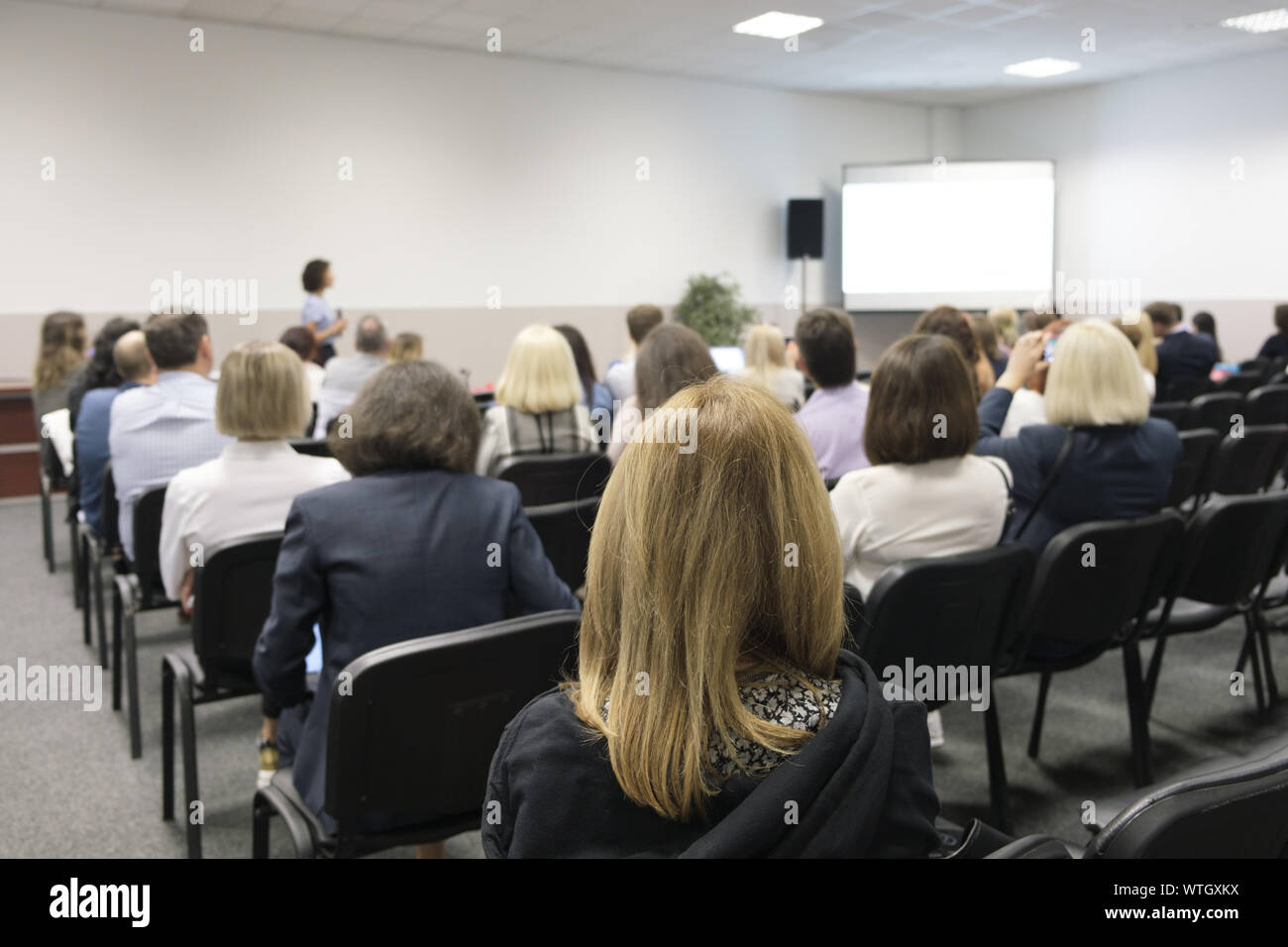 Donna d'affari e persone in ascolto sulla conferenza. L'immagine orizzontale Foto Stock