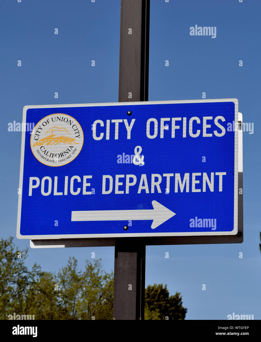 Città di Union City, città e gli uffici del dipartimento di polizia di segno, California Foto Stock
