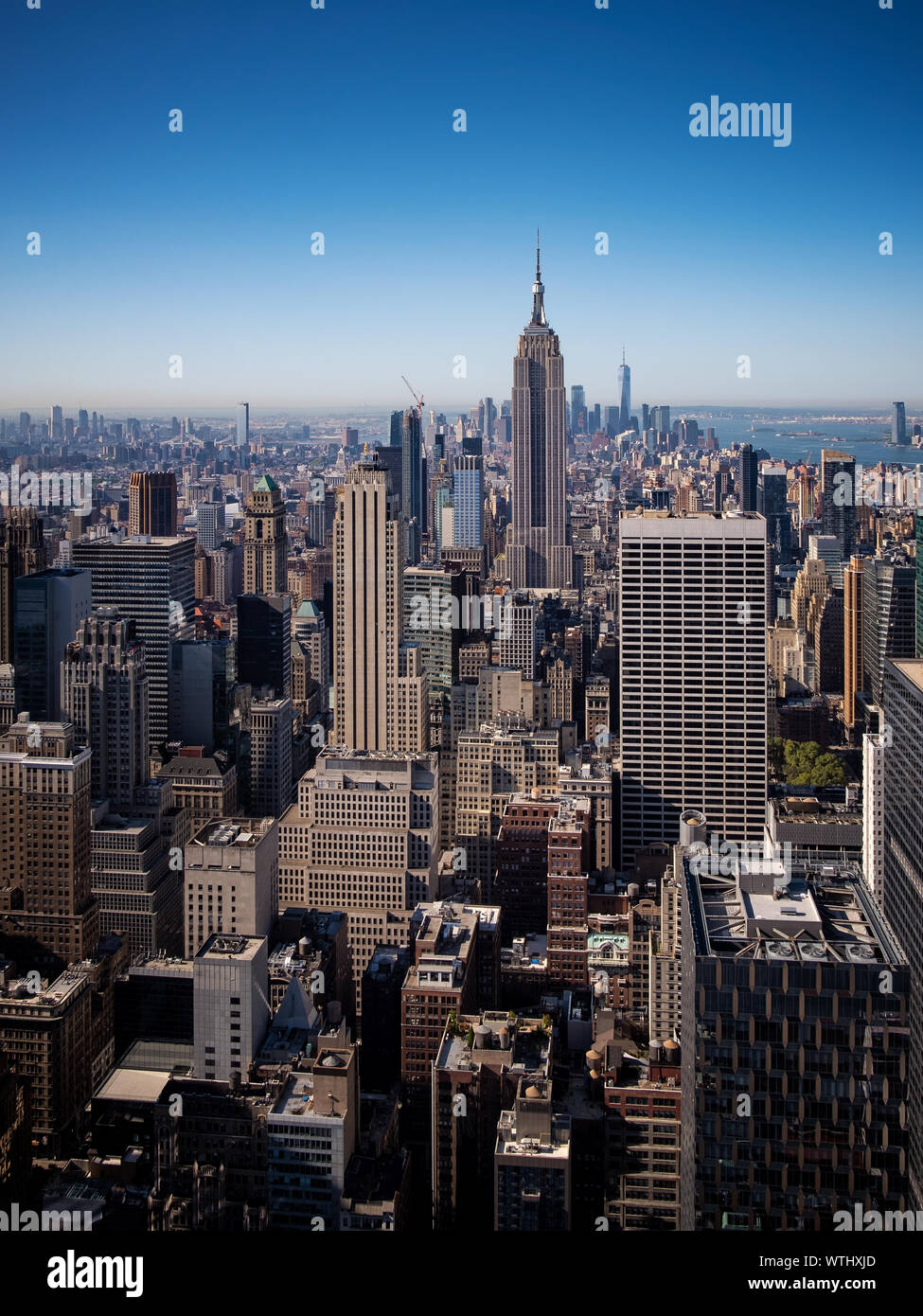 Skyline di Manhattan con l' Empire State Building davanti, New York, Stati Uniti d'America Foto Stock