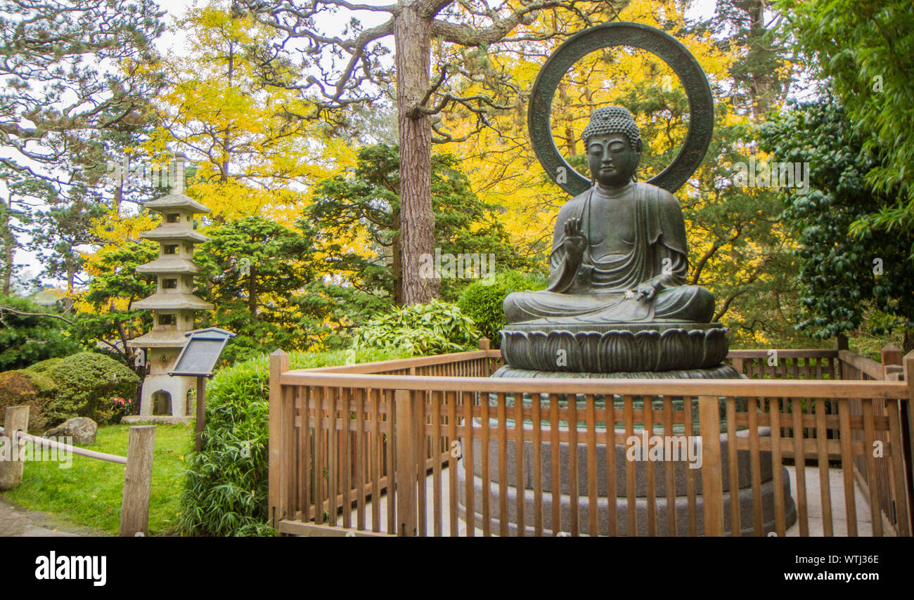 Statua di buddha seduto nel parco circondato da alberi giallo ginko con una pagoda sullo sfondo. Foto Stock Statua di buddha seduto nel parco circondato da alberi giallo ginko con una pagoda sullo sfondo. Foto Stock