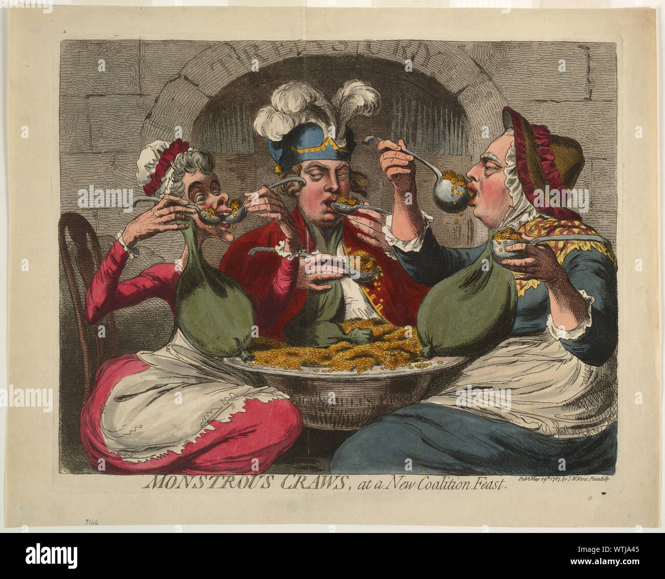 Craws mostruoso, in corrispondenza di una nuova coalizione di festa Cartoon mostra il re George vestita come una vecchia donna, la Regina e il Principe di Galles seduti attorno ad un bacino arroccato su di giri del re e della regina; essi cucchiaio con impazienza il contenuto, che rappresentano le monete d'oro, nella loro bocca. Pouches appesa al collo come goitres sono pieni, ad eccezione di quello del Principe di Galles, cui è vuota. Il cancello al tesoro, in background è aperto. Foto Stock