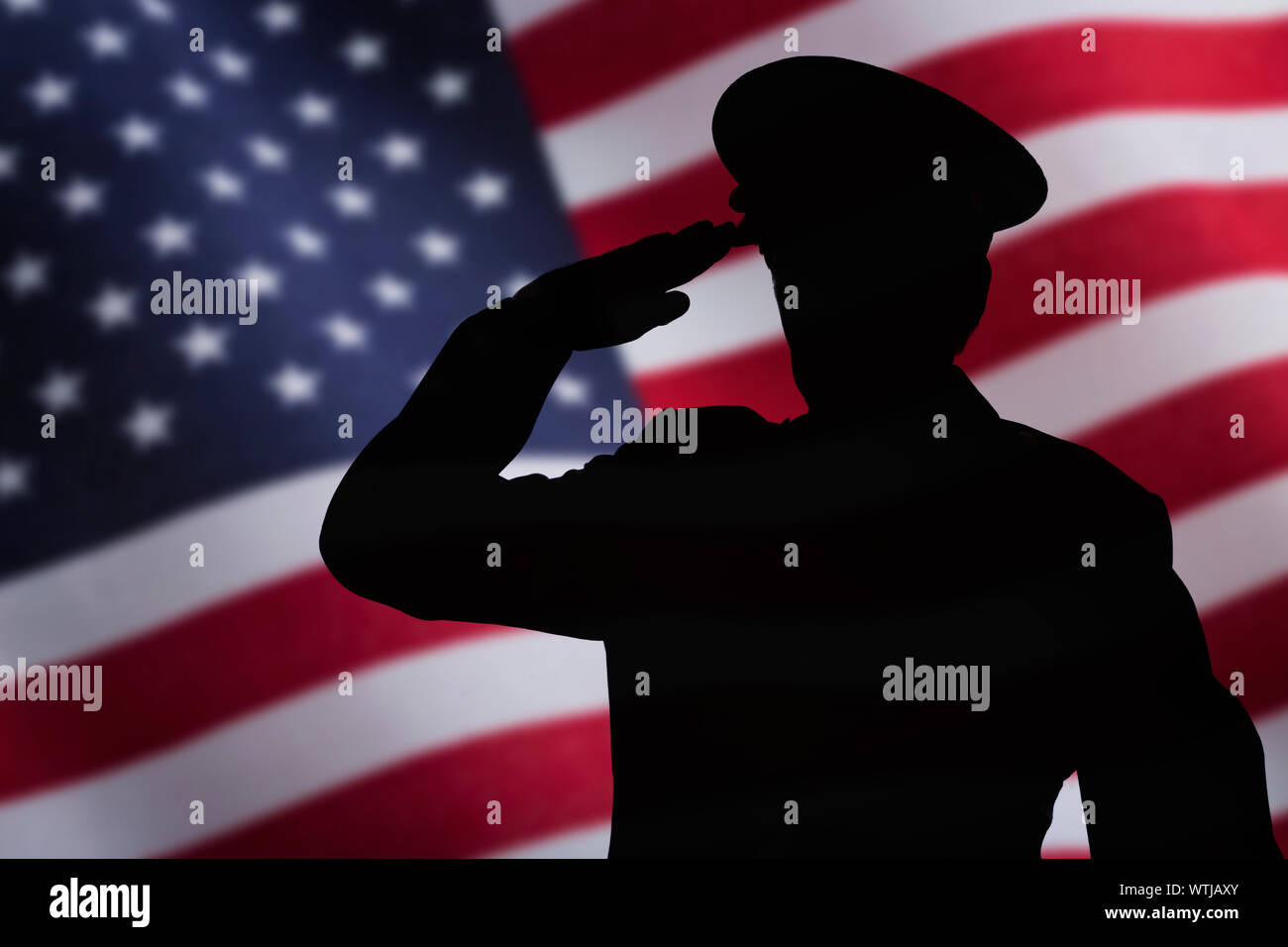 Silhouette di un soldato salutando di fronte a noi la bandiera Foto Stock