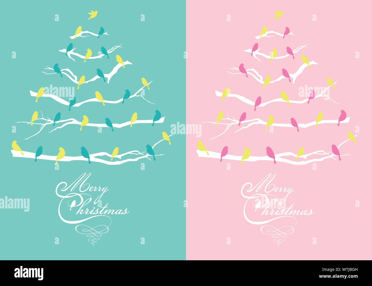Rosa e teal cartoline di Natale con alberi e uccelli, set di vettore Illustrazione Vettoriale