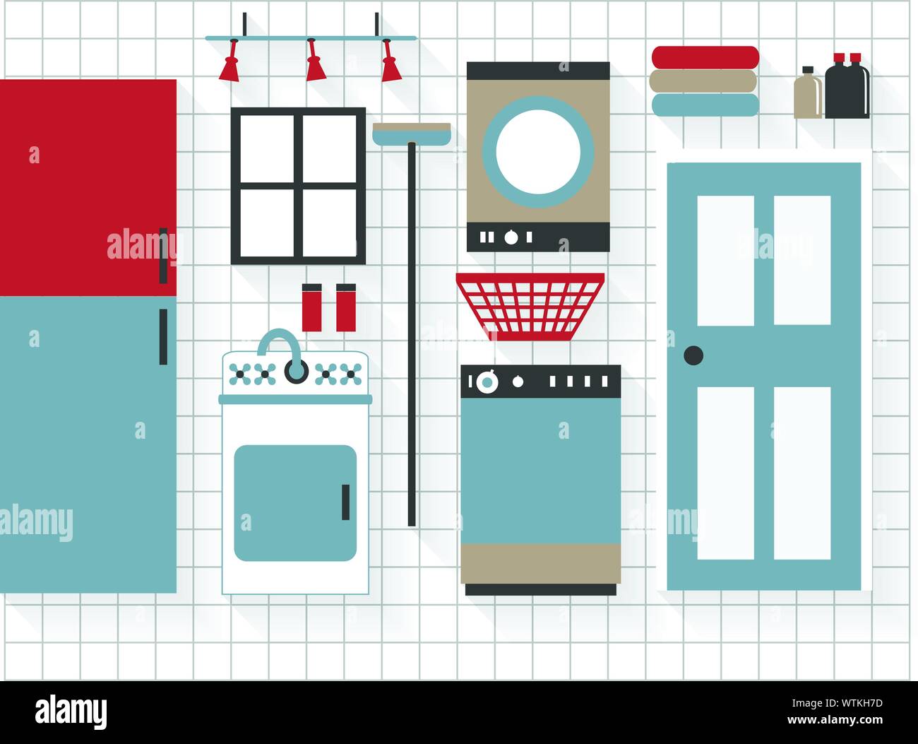 Servizio lavanderia mobili icone piatta con lavatrice e asciugatrice - Tutte le lunghe ombre su uno strato - contiene miscele Illustrazione Vettoriale