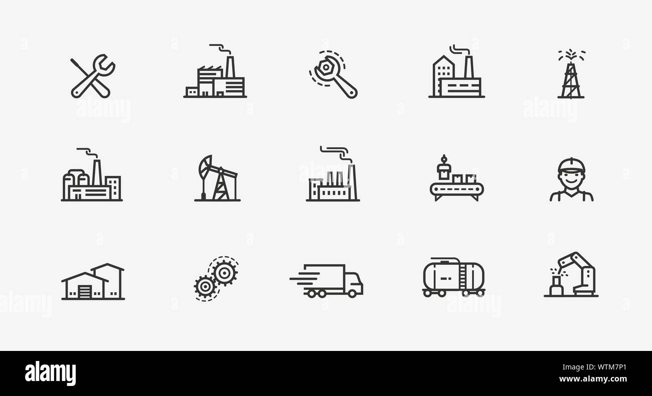 Set di icone del settore. Fabbrica, simbolo di produzione. Illustrazione vettoriale Illustrazione Vettoriale