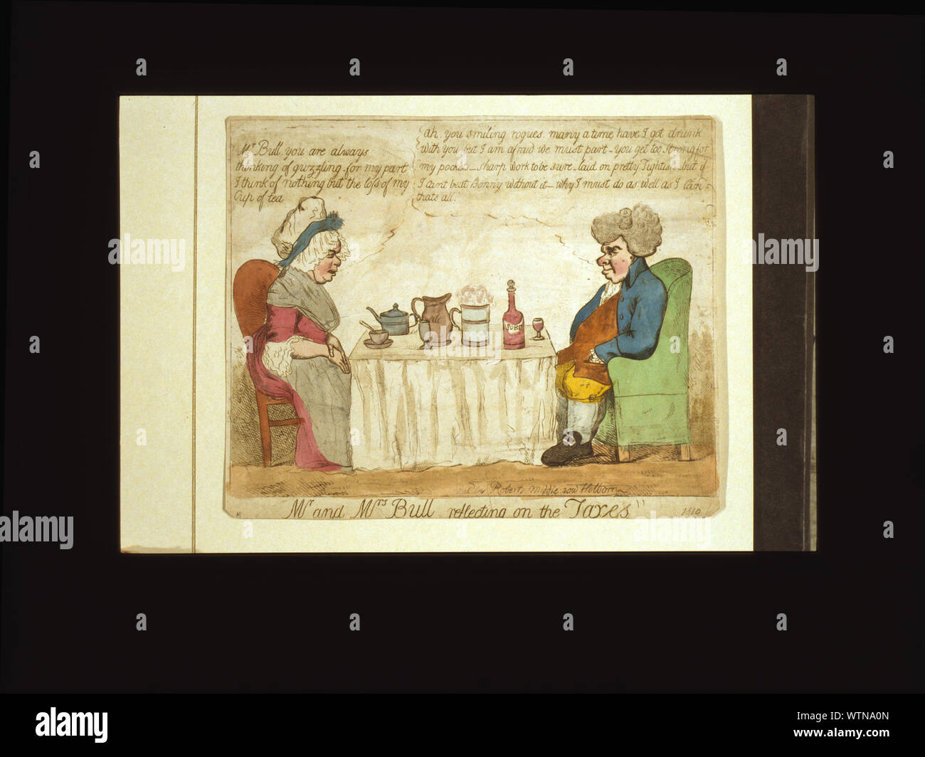 Il sig. e la Sig.ra Bull riflettendo sulle tasse stampa mostra una scena domestica con un uomo e una donna seduta in corrispondenza di estremità opposte di una tabella che è impostato per il tè, ale e porto di consumo; la sig.ra Bull si lamenta il sig. Bull di tendenza verso guzzling, al quale il sig. Bull risposte, ... ma se non riesco a battere Bonny senza di essa - perché devo fare bene come posso. Foto Stock