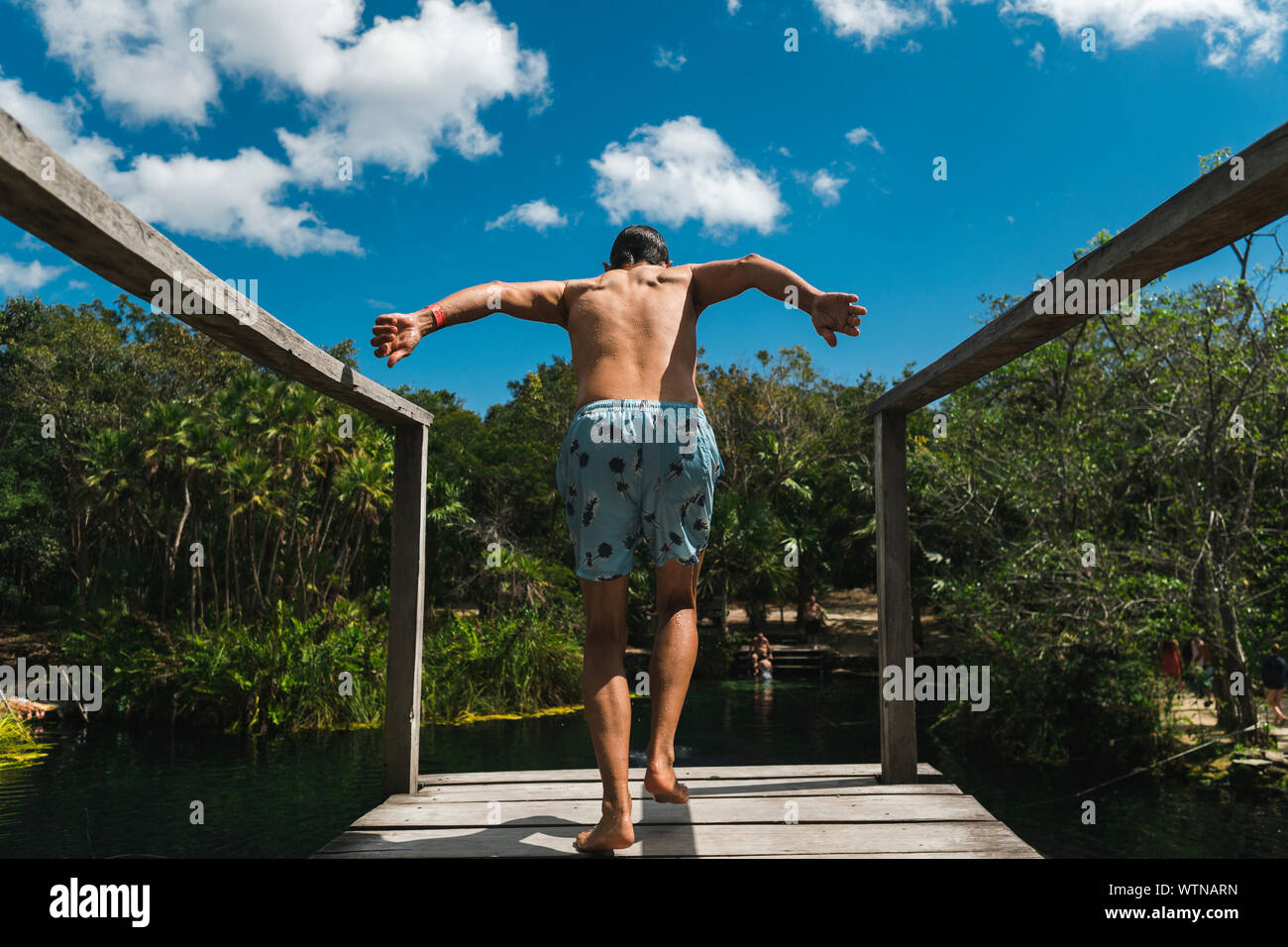 Vista posteriore di mezza età salto maschio da piattaforma a Cenote Crystal Foto Stock