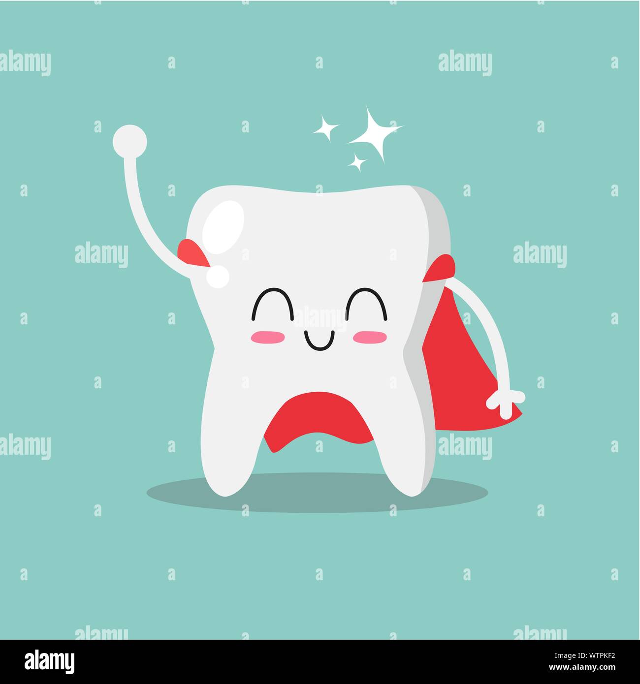 Carino, sorridente e felice di dente super hero. La cura dei denti e il concetto di igiene. Illustrazione Vettoriale. Illustrazione Vettoriale