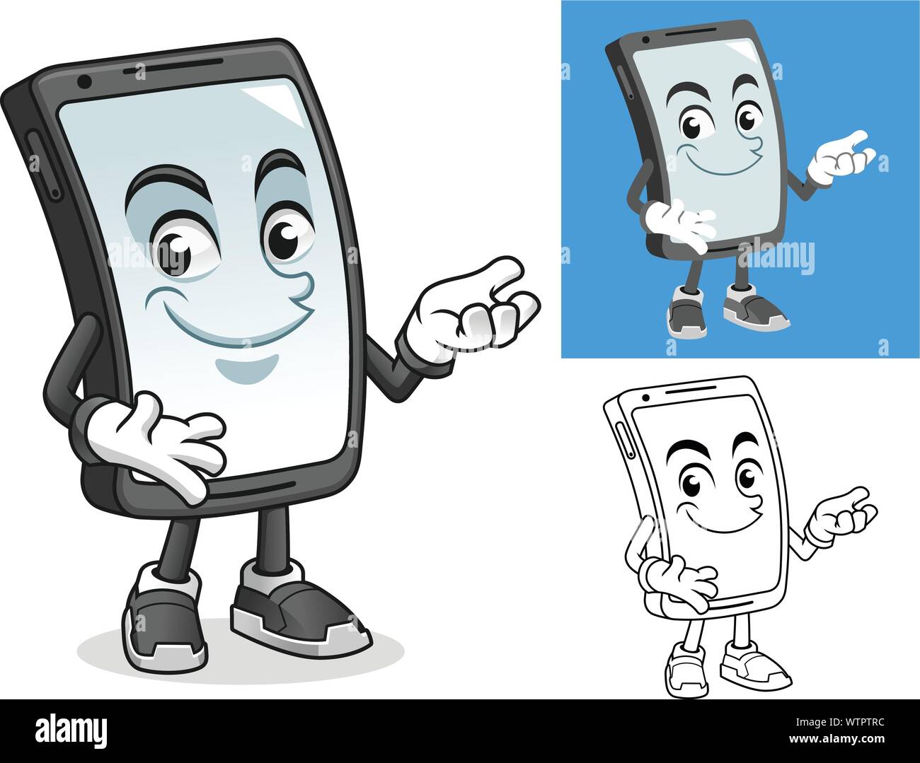 Smartphone presente qualcosa di personaggio dei fumetti illustrazione mascotte, compresi piatta e in bianco e nero disegni, illustrazione vettoriale. Illustrazione Vettoriale