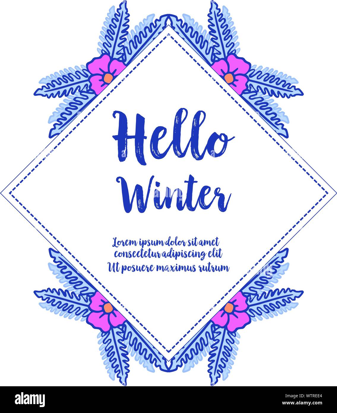 Foglie d'inverno colori blu e telaio ghirlanda, ciao inverno. Vettore Illustrazione Vettoriale