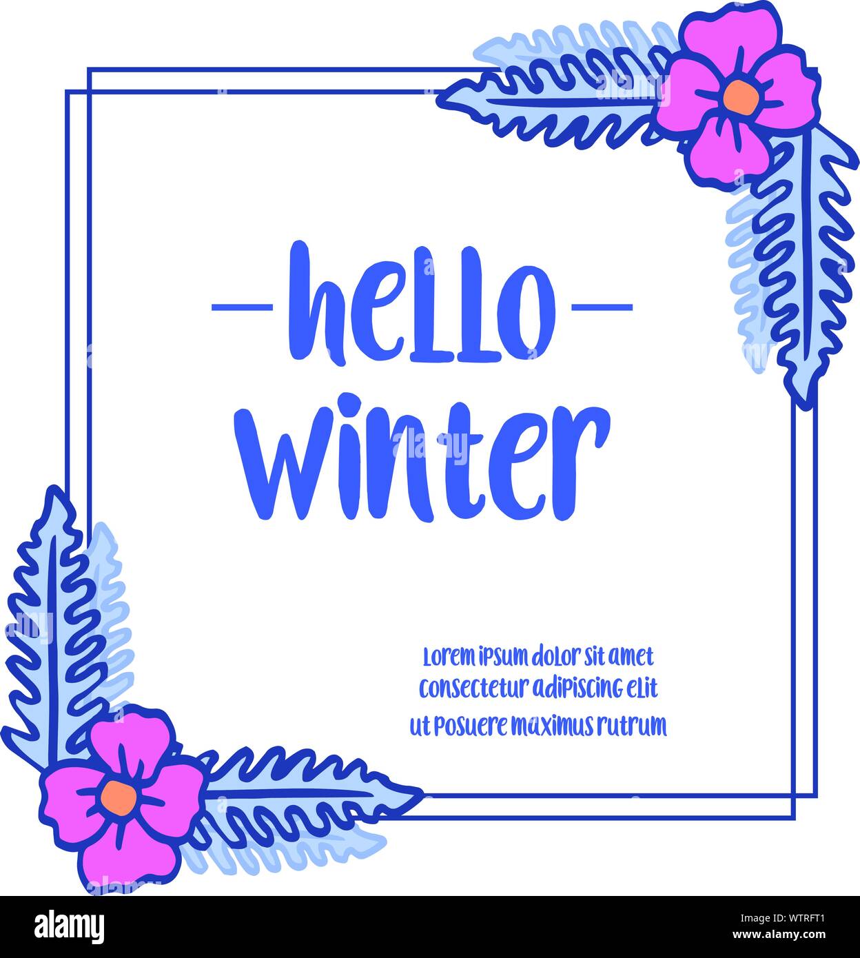 Foglie d'inverno colori blu e telaio ghirlanda, ciao inverno. Vettore Illustrazione Vettoriale