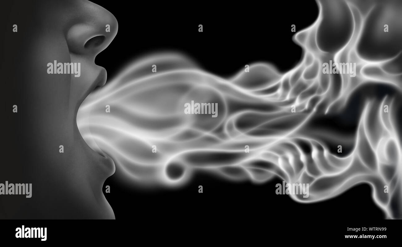 Vaping malattia correlati rischi per la salute come una persona di esalazione di fumi vapore o vapore sagomata come un teschio di morte da una sigaretta elettronica. Foto Stock