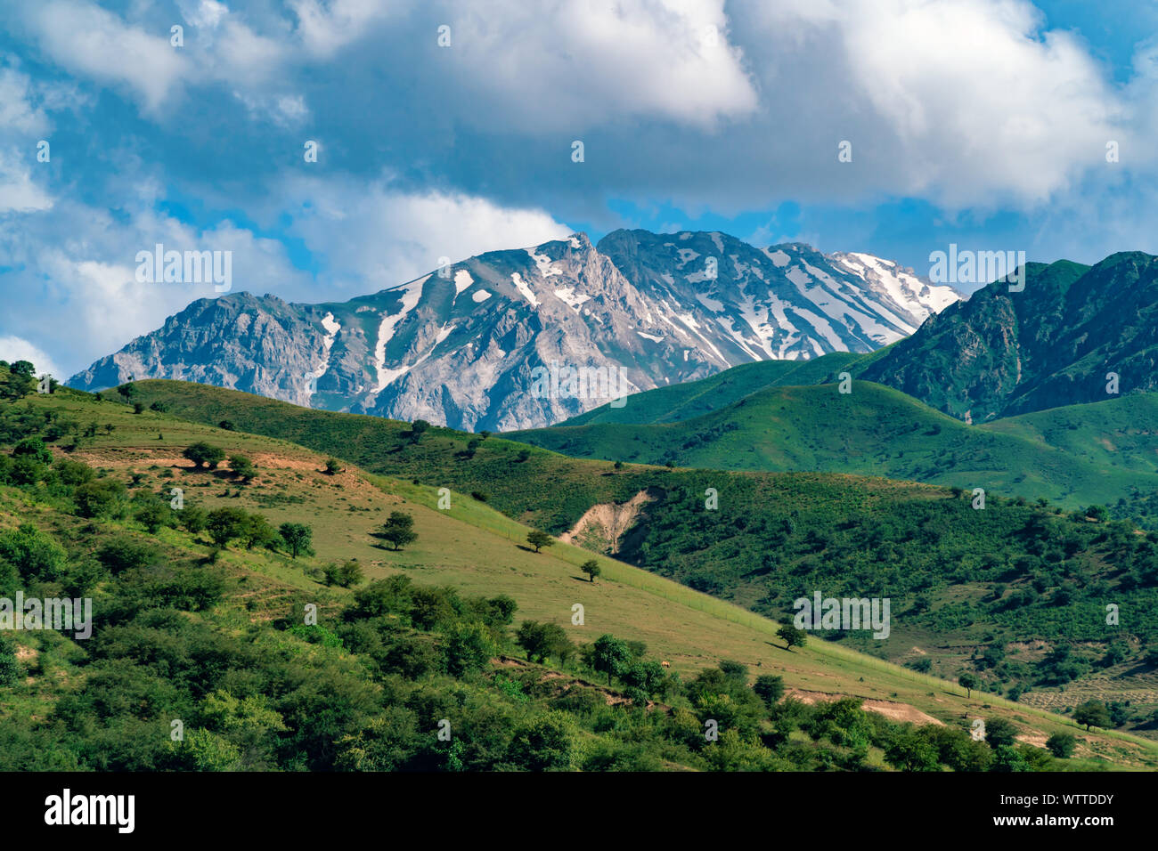 Alpi montagna coperta di neve, Chimgan, Uzbekistan Foto Stock