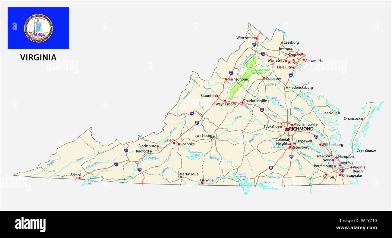 Virginia road map con bandiera Illustrazione Vettoriale