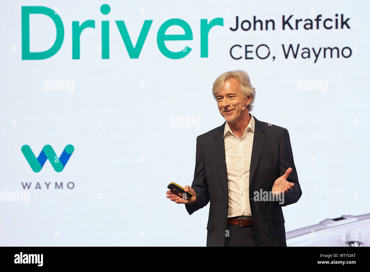 Francoforte, Germania. Xii Sep, 2019. John Krafcik, CEO di Waymo, parla al IAA cerimonia di apertura. Foto: Frank Rumpenhorst/dpa Credito: dpa picture alliance/Alamy Live News Foto Stock