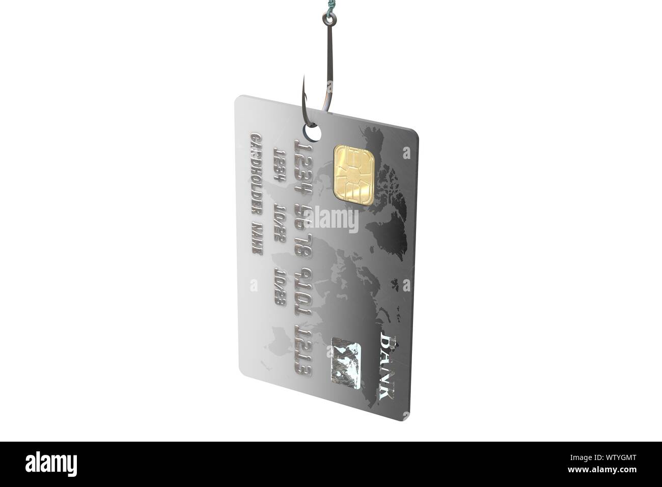 3d illustrazione: nero carta di credito della banca agganciato con un acciaio fishhook. Metafora. Protezione dei dati personali e la sicurezza su Internet siamo Foto Stock