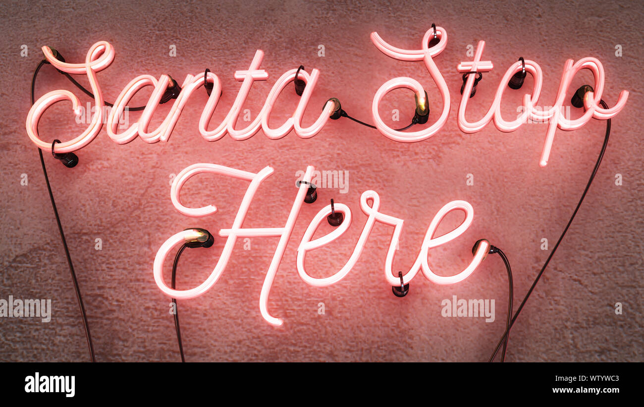 Rosso luminoso a neon di decorazione di Natale cartello che dice che il nome Santa fermano qui su un grunge parete di calcestruzzo sfondo, ottimo per qualsiasi concetti di Natale Foto Stock