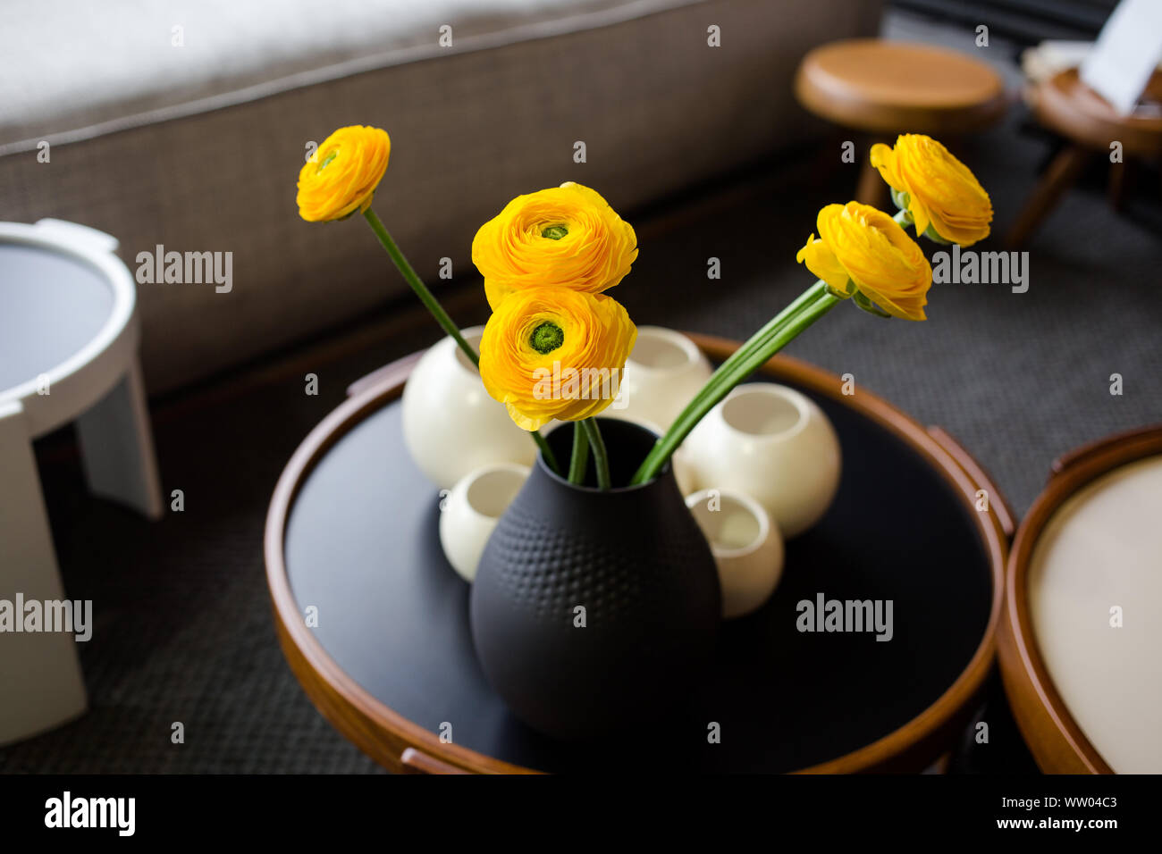 Bouquet di roselline (Ranunculus asiaticus) in un vaso nero. Fiori di colore giallo all'interno. Foto Stock
