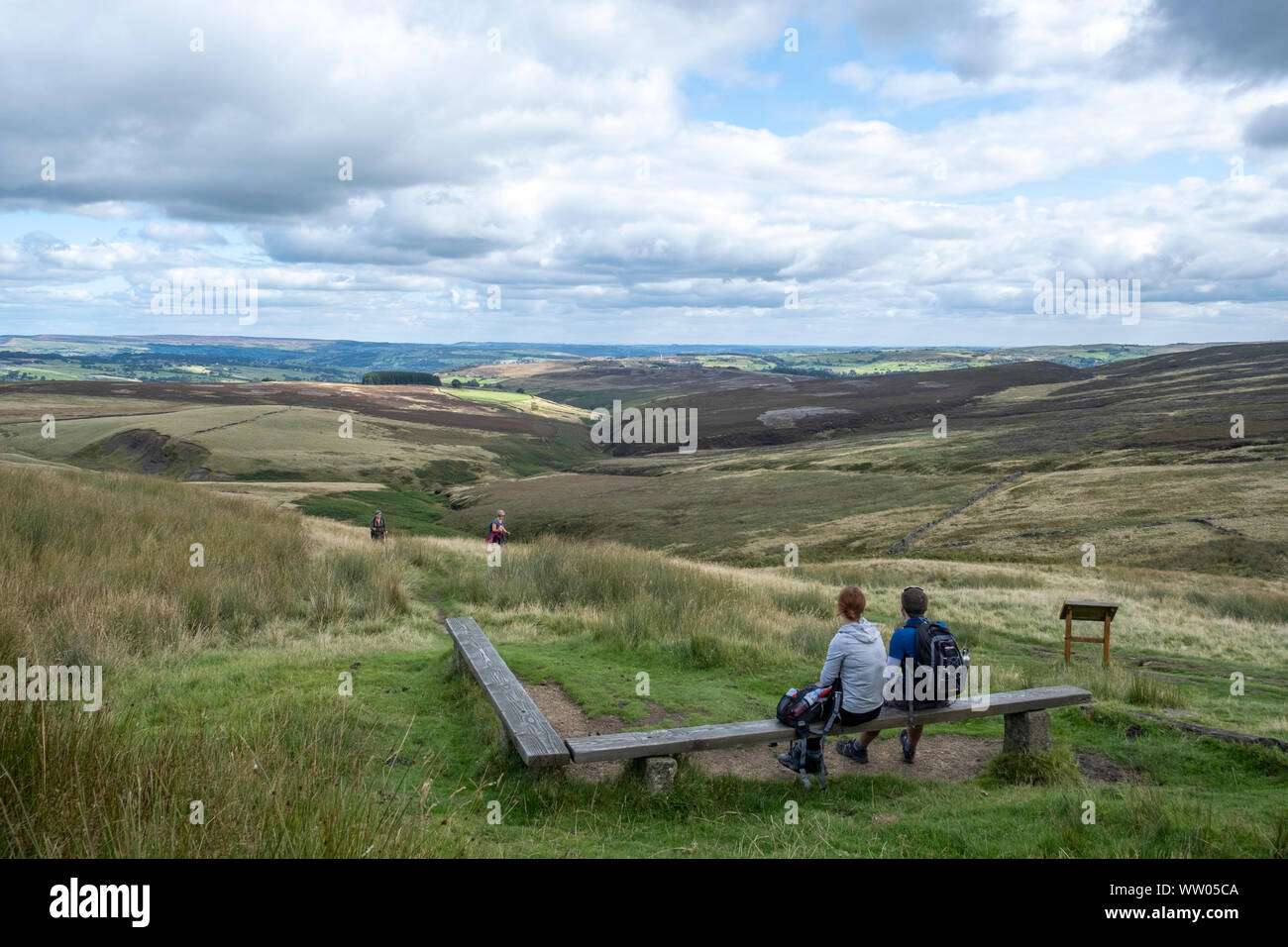 Due escursionisti guardare indietro sulla vista dal recinto Pennine Way al Top Withens su Stanbury Moor verso Haworth nel West Yorkshire, Inghilterra. Foto Stock