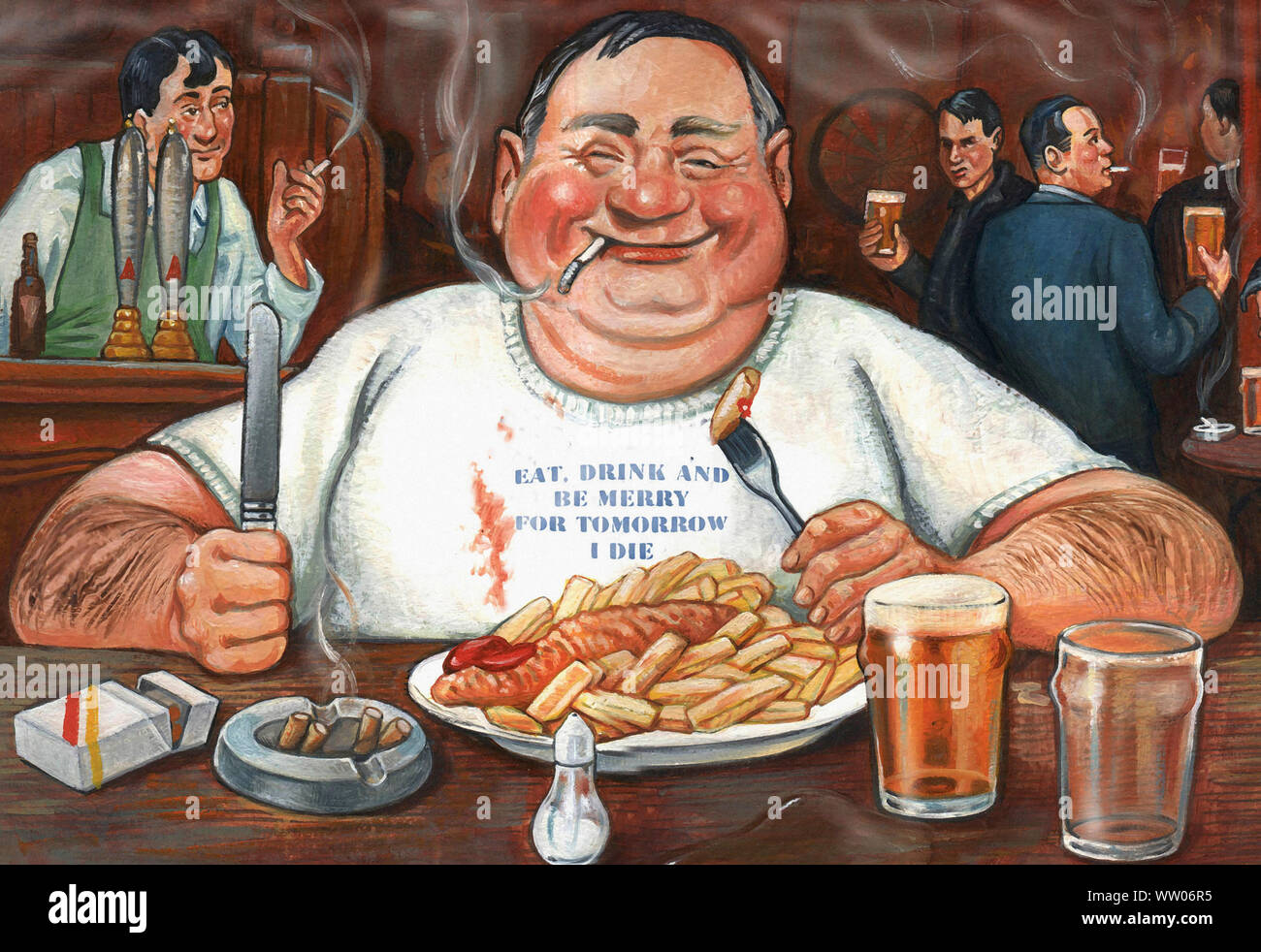Il sovrappeso uomo mangiare, bere e fumare in vecchio stile pub Foto Stock