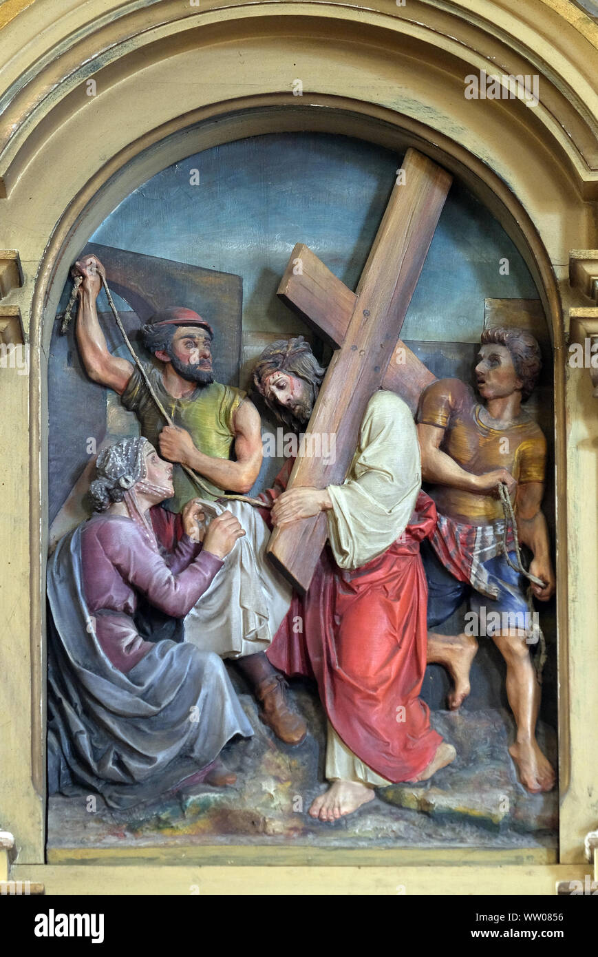 6 stazioni della Via Crucis, La Veronica asciuga il volto di Gesù, San Giovanni Battista a Zagabria in Croazia Foto Stock