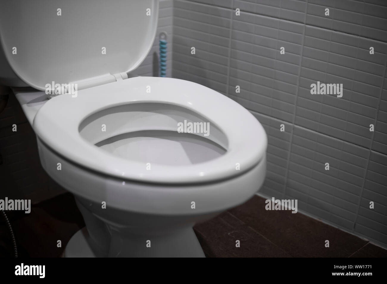 Appendere bianco sedile di gabinetto su bianco wc in casa bagno con piastrelle grigie. Foto Stock