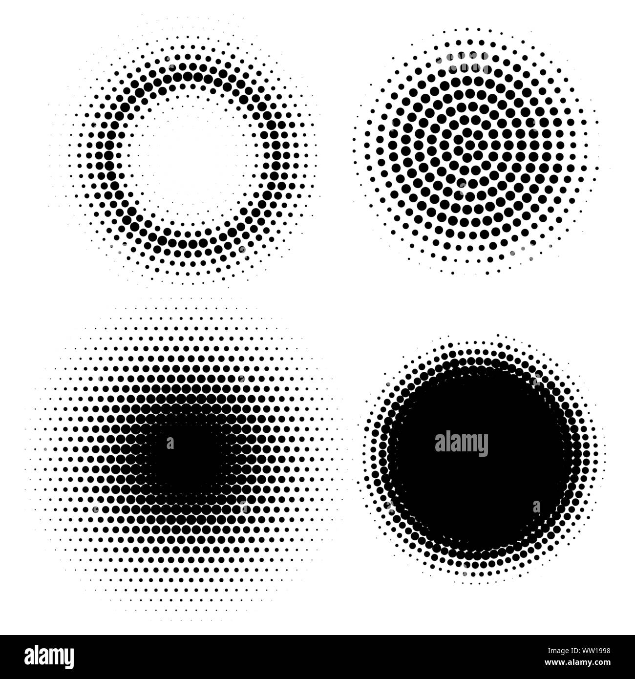 Effetto mezzitoni cerchi. Set di vettore di astratta grafica digitale elementi punteggiata Illustrazione Vettoriale