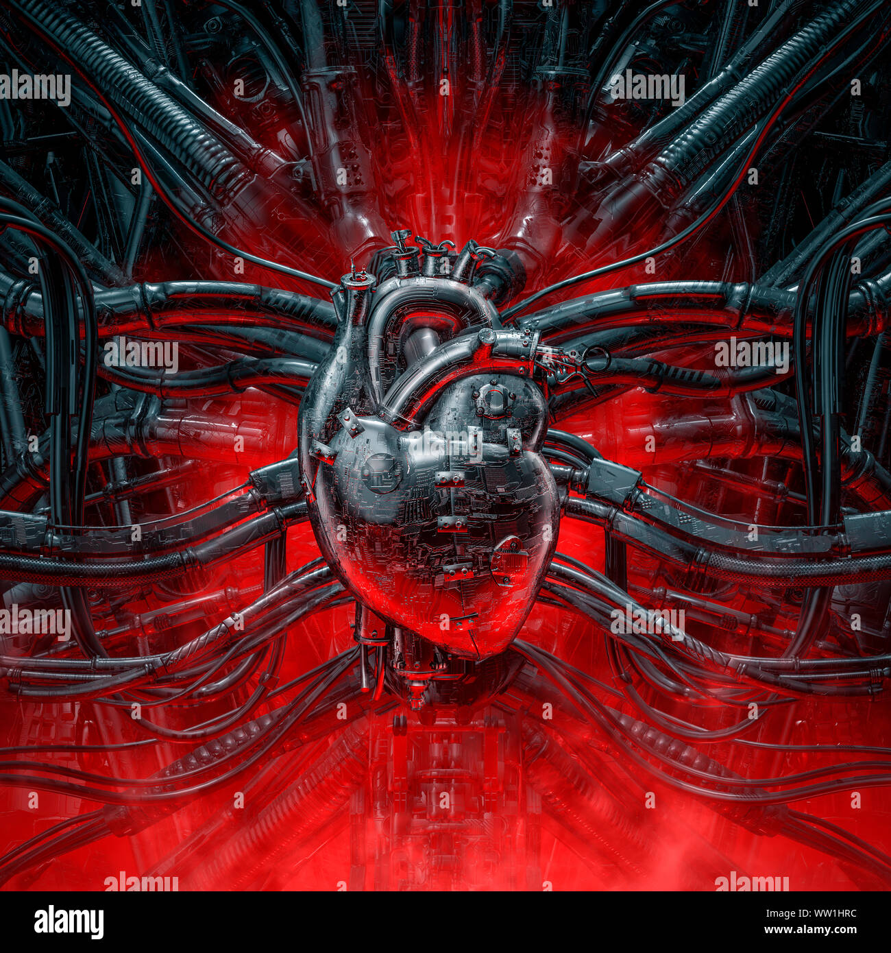 Cuore del gamer / 3D illustrazione di grungy metallico robot artificiale cuore collegato al macchinario alieno Foto Stock