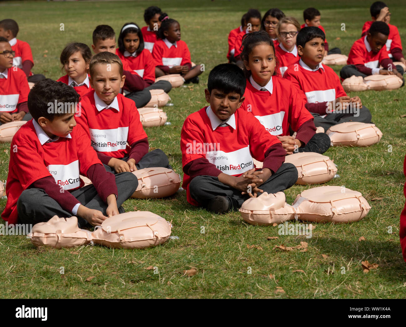 Londra, UK, 12 settembre 2019 la Croce Rossa Britannica ospita una dimostrazione di 100 bambini della scuola di conduzione di primo aiuto al di fuori le case del Parlamento per contrassegnare il conseguimento di arrivare primo soccorso sul curriculum scolastico di credito DavidsonAlamy Ian Live News Foto Stock