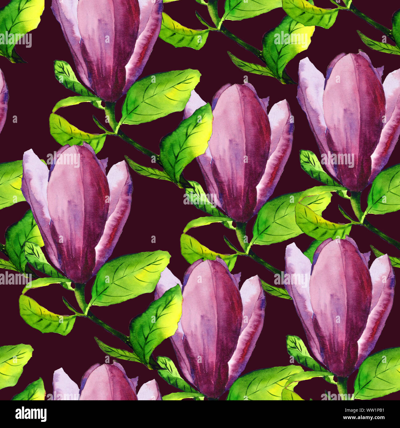 Acquerello disegnati a mano fiore di magnolia con fiori di colore rosa e foglie verdi modello senza giunture Foto Stock
