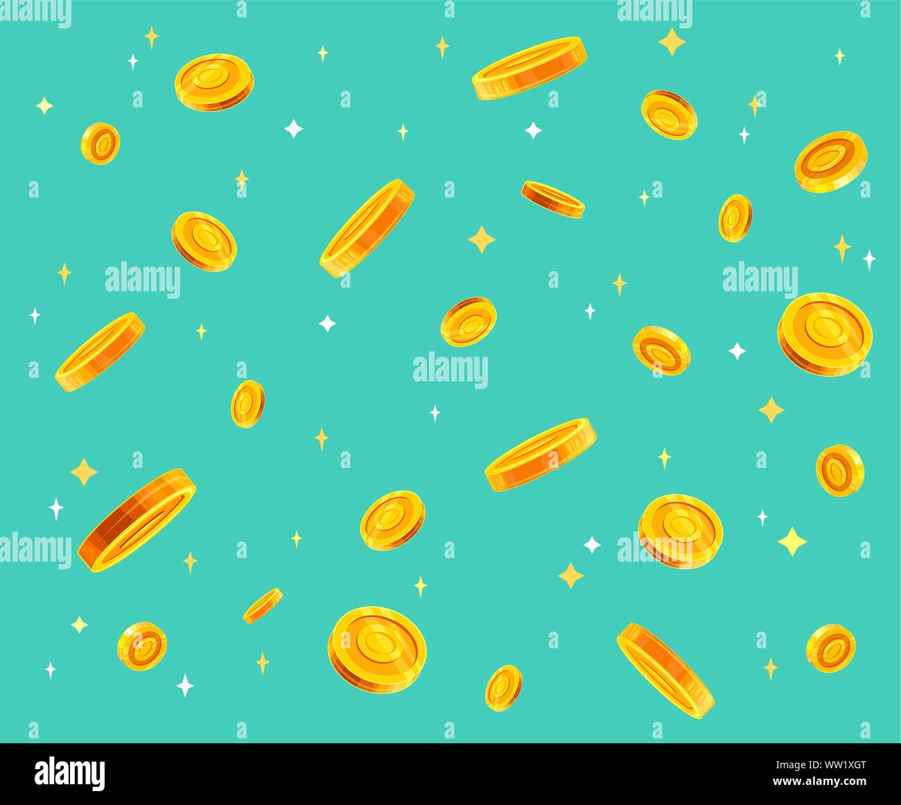 Le monete d'oro denaro rientranti illustrazione vettoriale, di tipo piatto la caduta delle monete in euro, isolata su uno sfondo colorato. Illustrazione Vettoriale